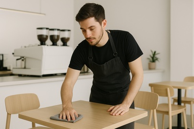 Minimalist Coffee Shop Scene with Barista Cleaning Table