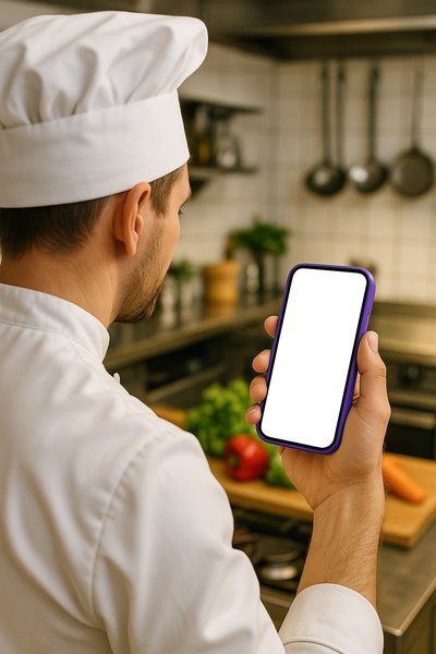 Chef Holding Purple Phone in Kitchen Setting