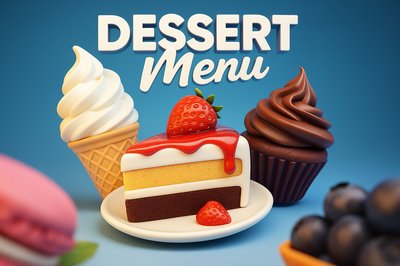 Dynamic 3D Dessert Menu Illustration with Vibrant Colors