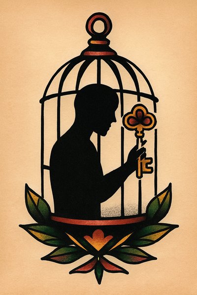 Silhouette of a Key Holder in a Birdcage Tattoo Design