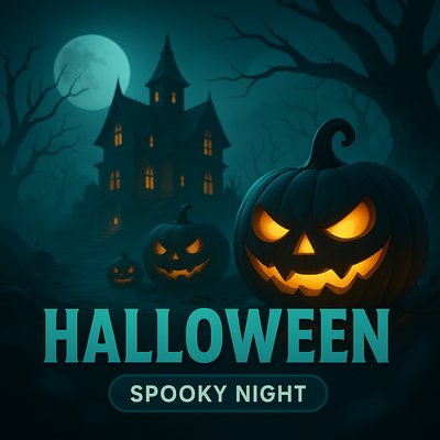Spooky Halloween Night with Pumpkins and Haunted House