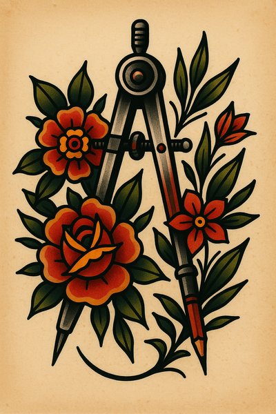 Vintage Tattoo Design with Compass and Flowers