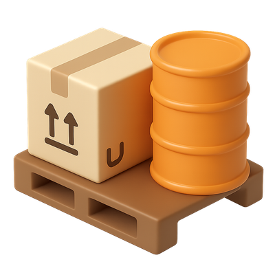 3D Isometric Icon of a Package and Barrel on a Pallet