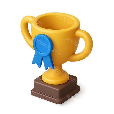 Colorful 3D Trophy Icon with Blue Ribbon