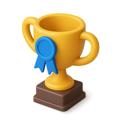 Colorful 3D Trophy Icon with Blue Ribbon