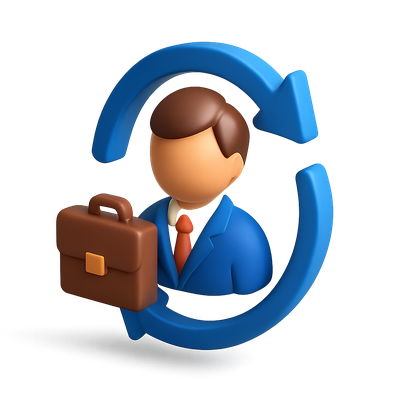 3D Briefcase Icon with Circular Arrows and Professional Figure