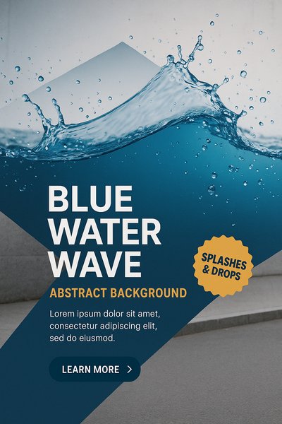 Realistic Blue Water Wave with Splashes and Drops