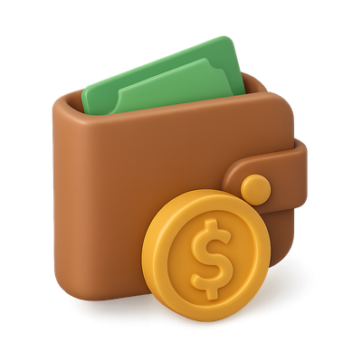 3D Wallet Icon with Cash and Dollar Sign