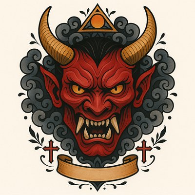 Illustrative Demon Head with Intricate Design Elements
