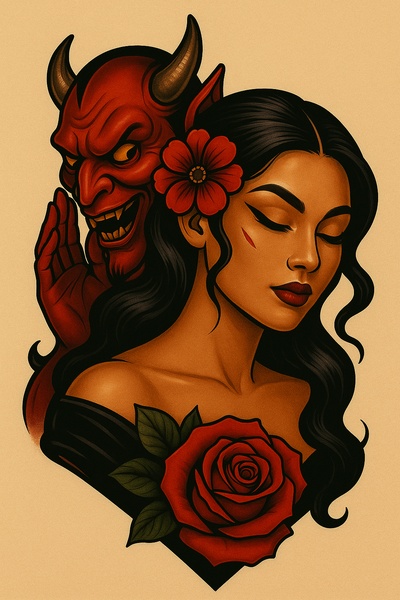 Stylized Tattoo Art of a Woman and a Demon