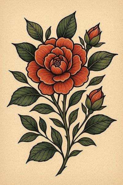 Vibrant Floral Illustration of a Rose with Buds