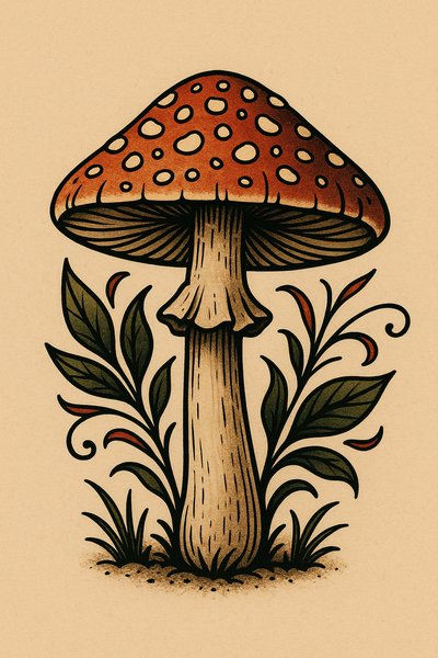Illustrative Mushroom Art with Botanical Elements