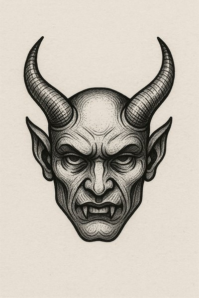 Intricate Illustration of a Demonic Face with Horns
