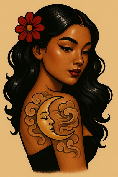 Glossy Tattooed Girl with Moon and Wind Design