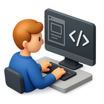 3D Icon of a Web Designer Coding at a Computer