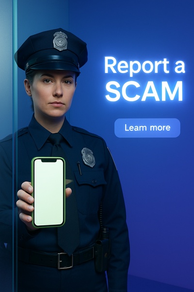 Policewoman Holding a Glowing Phone to Report a Scam