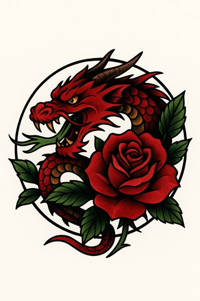 Vibrant Dragon and Rose Tattoo Design