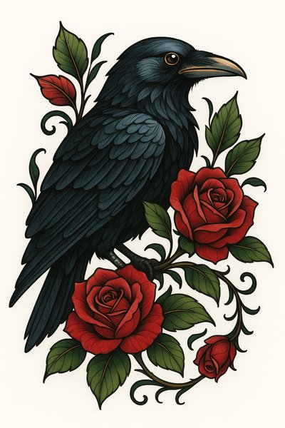 Stylized Illustration of a Crow with Red Roses