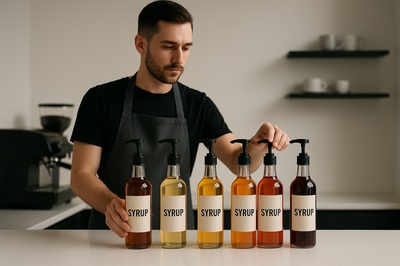 Stylish Barista Arranging Syrups in Minimalist Setting