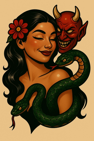 Demon and Girl Tattoo Design with Snake