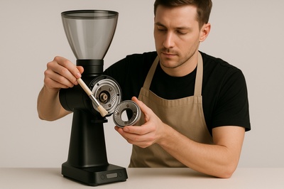 Barista Cleaning a Modern Coffee Grinder in Minimalist Style