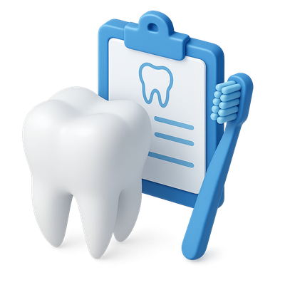 3D Dental Icon Featuring Tooth and Clipboard with Toothbrush