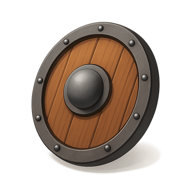 Stylized 3D Wooden Shield Icon with Metallic Accents