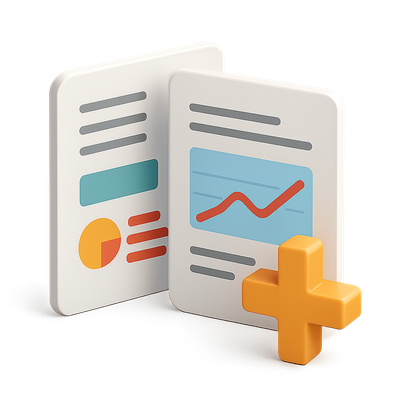 Stylish 3D Document Icons with Graphs and Plus Sign