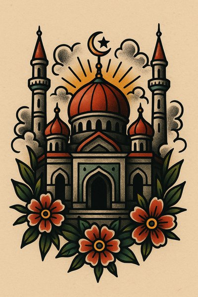 Colorful Illustration of a Mosque with Floral Elements