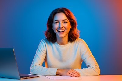 Happy Woman in Office Setting Smiling at Camera