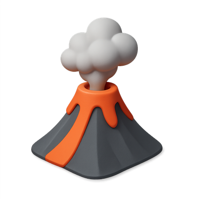 3D Volcano Icon with Smoke and Lava Flow