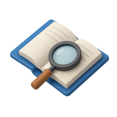 Stylish 3D Icon of an Open Book with Magnifying Glass