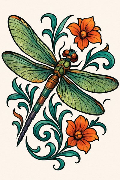 Colorful Dragonfly and Floral Illustration