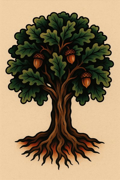 Stylized illustration of an oak tree with acorns