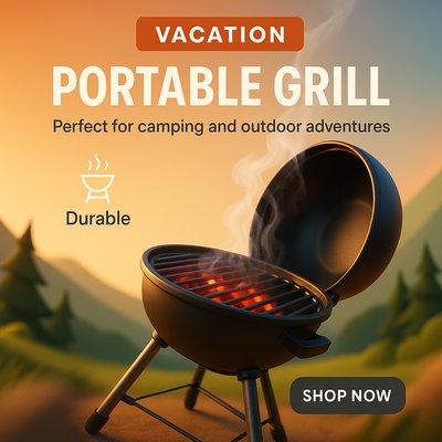 Promotional Image for Portable Grill Featuring Outdoor Adventure Theme
