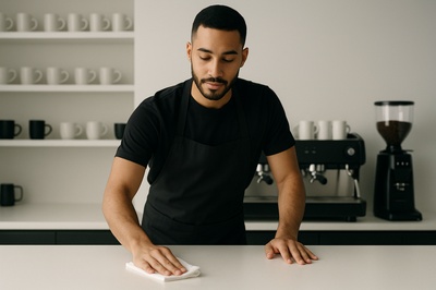 Barista Cleaning Counter in Modern Coffee Shop