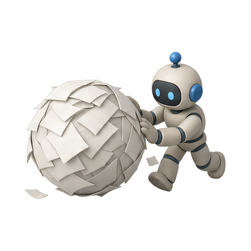 robot creating a document snowball