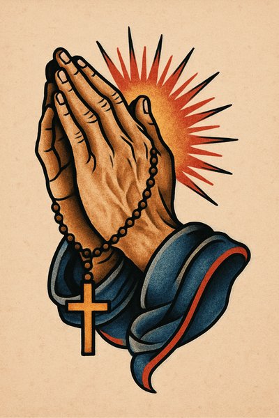 Illustration of Praying Hands with Rosary Beads