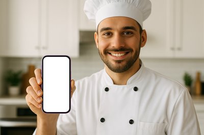 Chef Holding a Phone in a Modern Kitchen