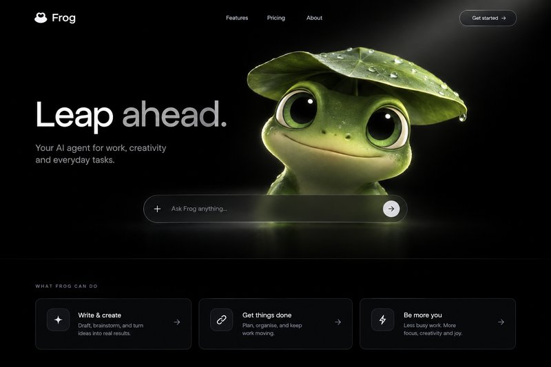 Expressive frog character landing page