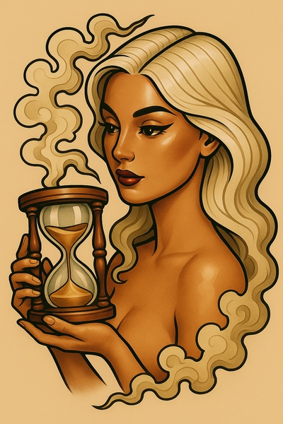 Stylized Tattoo Art of a Girl with Hourglass and Smoke
