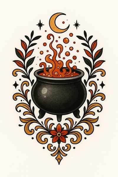Illustrative Design Featuring a Cauldron and Magical Elements