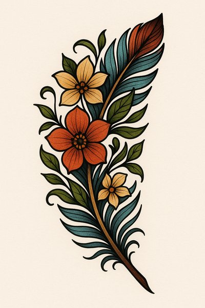Colorful Floral Tattoo Design Featuring Leaves and Flowers