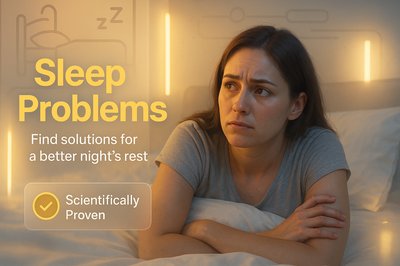Promotional Image Addressing Sleep Issues with a Woman in Bed