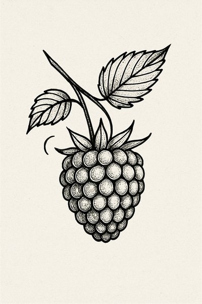 Hand-drawn raspberry illustration with leaves