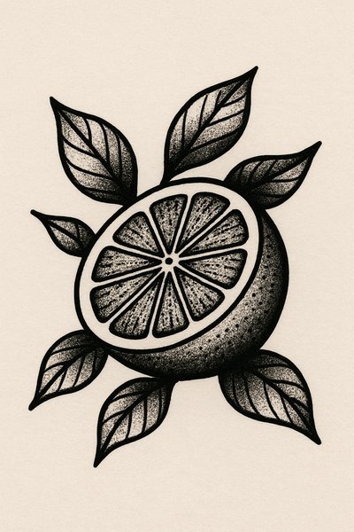 Artistic black and white lemon illustration with leaves