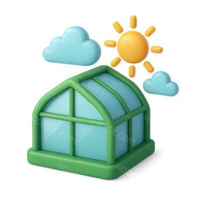 Stylized 3D Greenhouse Icon with Sun and Clouds