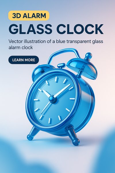 3D Illustration of a Blue Transparent Glass Alarm Clock
