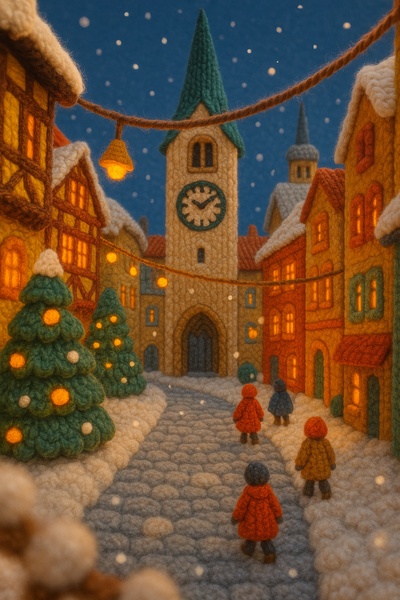 Cozy Winter Village Scene Crafted from Yarn