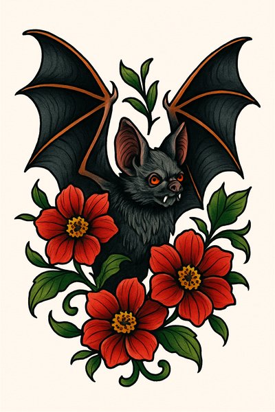 Artistic Bat Illustration Surrounded by Vibrant Flowers